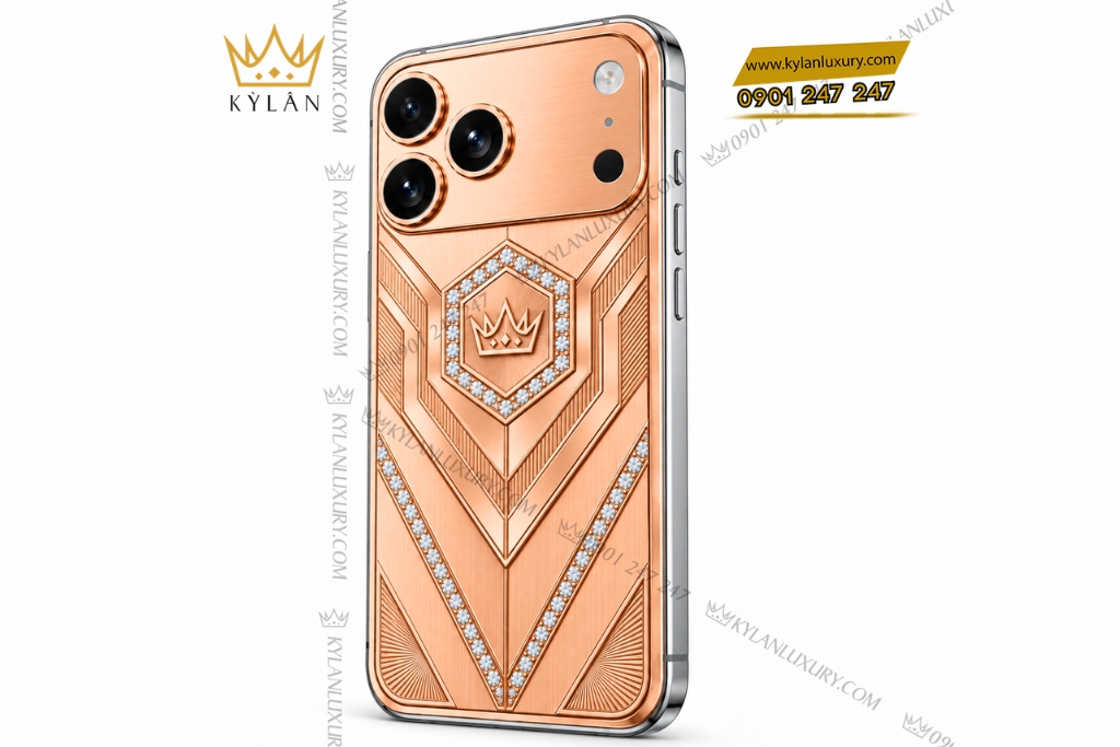 Điện thoại iPhone 18 Pro Max custom vàng hồng Au750 đính kim cương