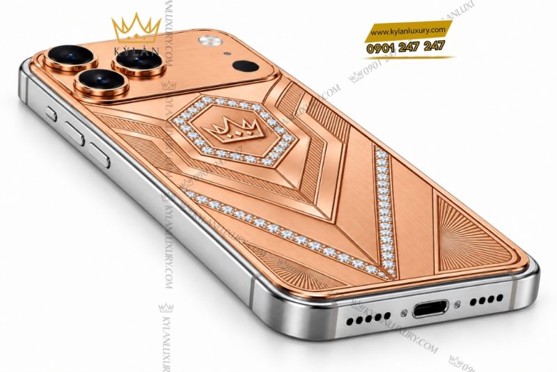 Điện thoại iPhone 18 Pro Max custom vàng hồng Au750 đính kim cương