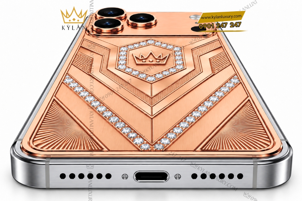 Điện thoại iPhone 18 Pro Max custom vàng hồng Au750 đính kim cương
