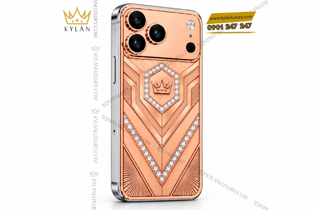 Kỳ Lân Luxury Dien thoai iPhone 18 Pro Max custom vang hong Au750 dinh kim cuong 5 Điện thoại iPhone 18 Pro Max custom vàng hồng Au750 đính kim cương