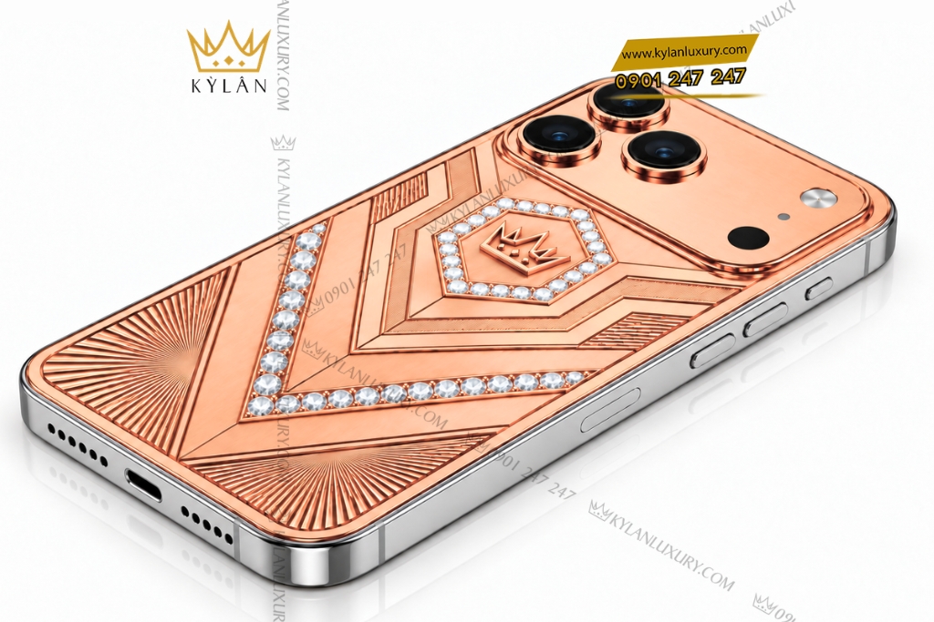 Điện thoại iPhone 18 Pro Max custom vàng hồng Au750 đính kim cương