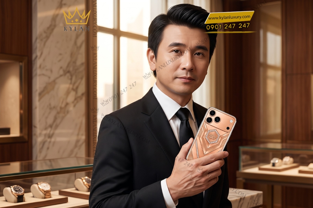 Điện thoại iPhone 18 Pro Max custom vàng hồng Au750 đính kim cương