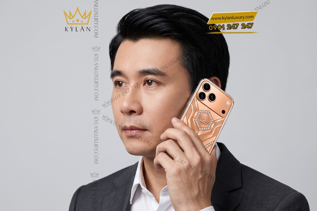 Điện thoại iPhone 18 Pro Max custom vàng hồng Au750 đính kim cương