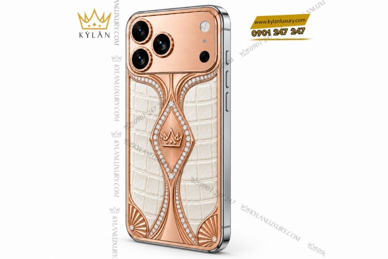 Điện thoại iPhone 18 Pro Max custom vàng hồng Au750 đính kim cương và da cá sấu