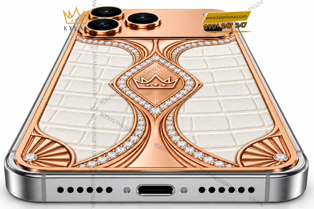 Điện thoại iPhone 18 Pro Max custom vàng hồng Au750 đính kim cương và da cá sấu