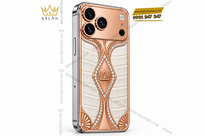 Điện thoại iPhone 18 Pro Max custom vàng hồng Au750 đính kim cương và da cá sấu