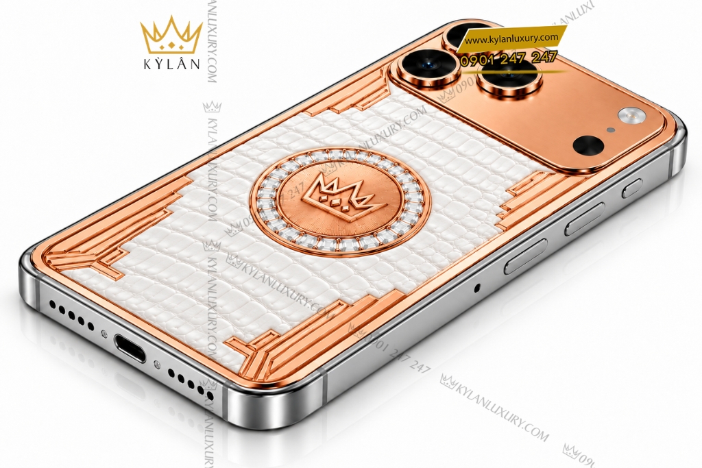 Điện thoại iPhone 18 Pro Max custom vàng hồng Au750 đính kim cương và da cá sấu