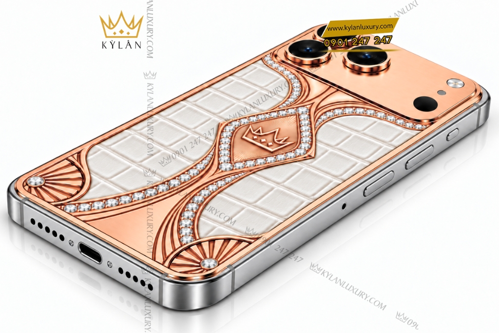 Điện thoại iPhone 18 Pro Max custom vàng hồng Au750 đính kim cương và da cá sấu