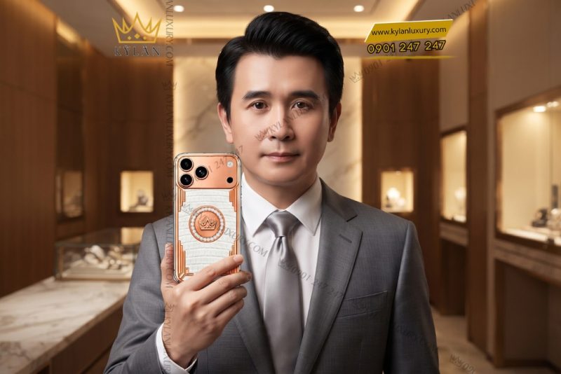 Điện thoại iPhone 18 Pro Max custom vàng hồng Au750 đính kim cương và da cá sấu