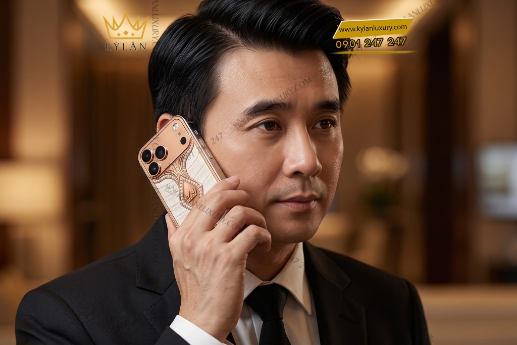 Điện thoại iPhone 18 Pro Max custom vàng hồng Au750 đính kim cương và da cá sấu