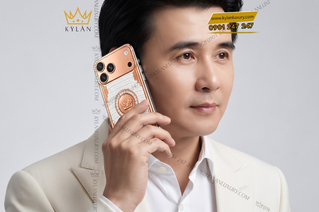 Điện thoại iPhone 18 Pro Max custom vàng hồng Au750 đính kim cương và da cá sấu
