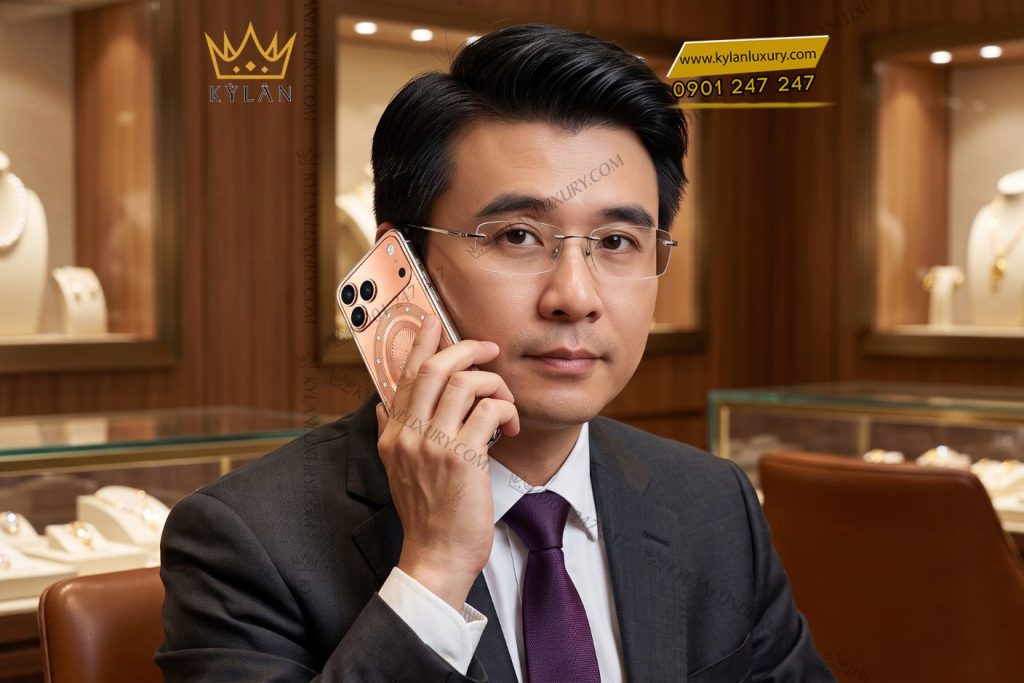 Điện thoại iPhone 18 Pro Max vàng Au750 đính 12 viên kim cương