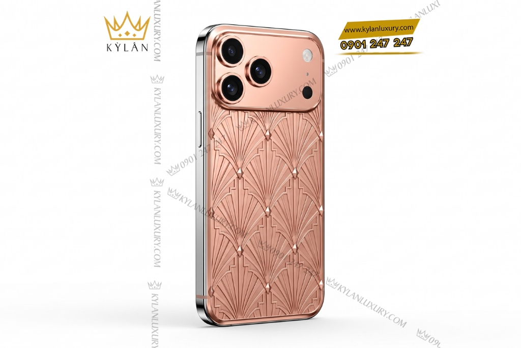 Điện thoại iPhone 17 Pro Max vàng hồng Au750 họa tiết nan quạt hình học