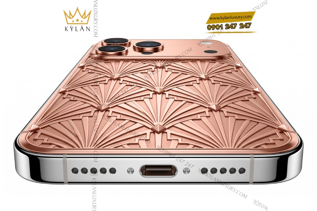 Điện thoại iPhone 17 Pro Max vàng hồng Au750 họa tiết nan quạt hình học