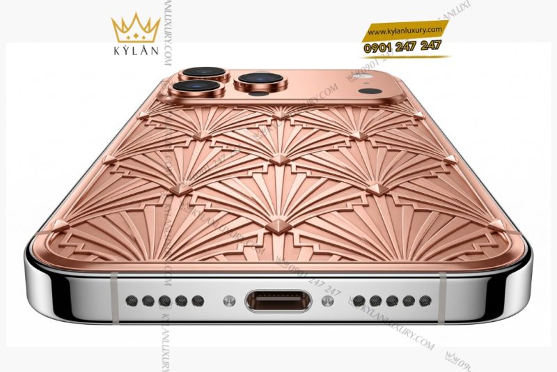 Điện thoại iPhone 17 Pro Max vàng hồng Au750 họa tiết nan quạt hình học