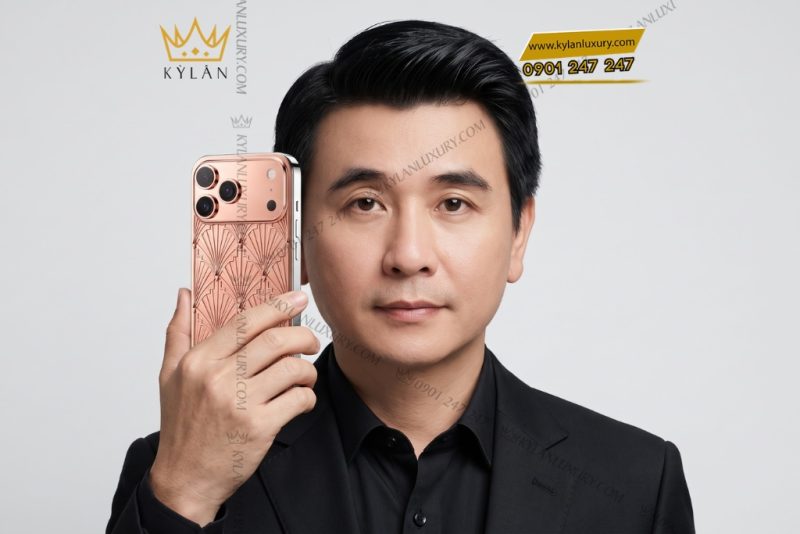 Điện thoại iPhone 17 Pro Max vàng hồng Au750 họa tiết nan quạt hình học
