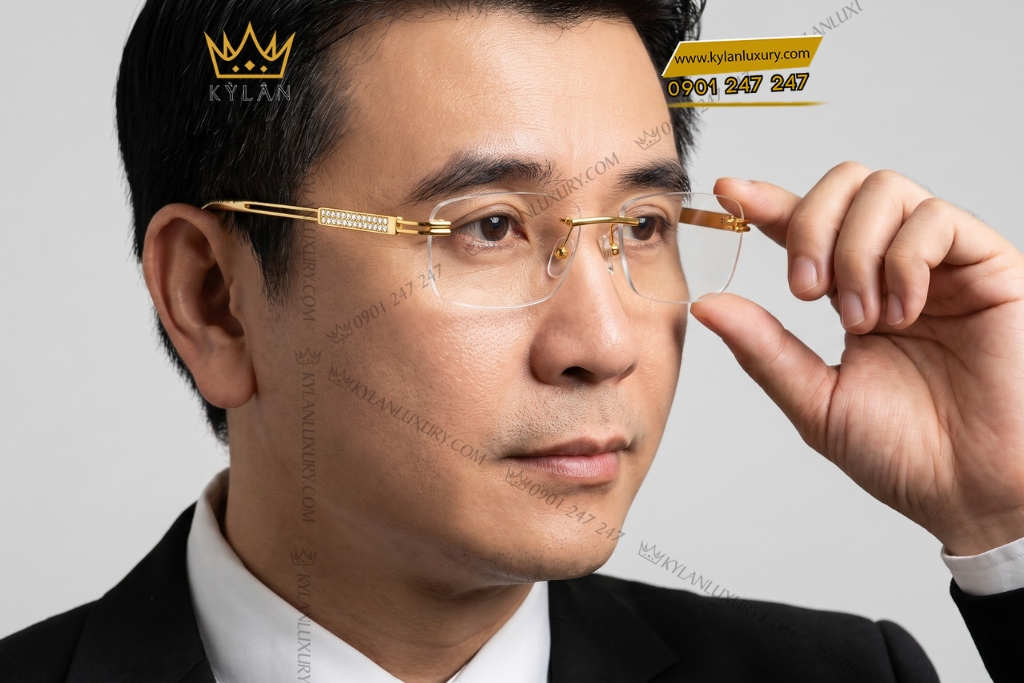 Kỳ Lân Luxury Mat kinh vang Au750 dinh kim cuong 6 Mắt kính vàng Au750 đính kim cương