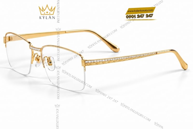 Mắt kính vàng Au750 đính kim cương baguette họa tiết dây bện hình thoi