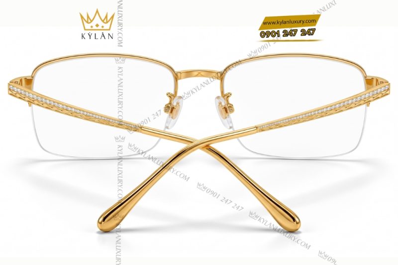 Mắt kính vàng Au750 đính kim cương baguette họa tiết dây bện hình thoi