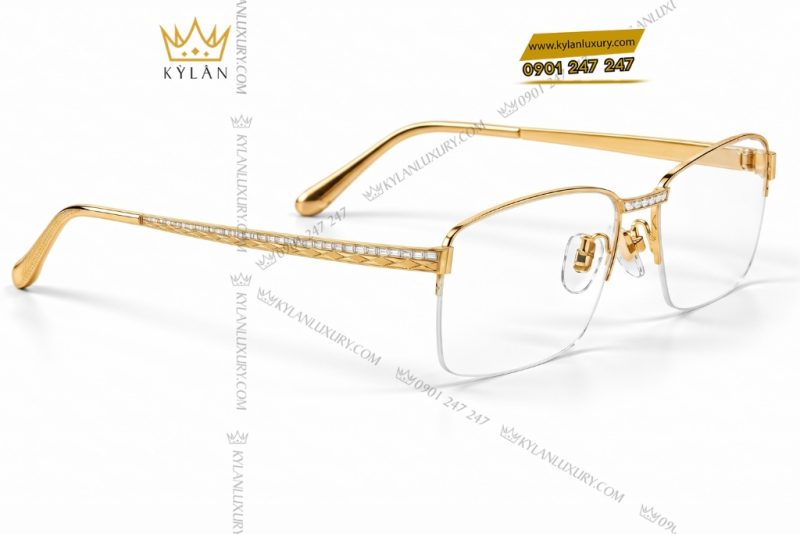 Mắt kính vàng Au750 đính kim cương baguette họa tiết dây bện hình thoi