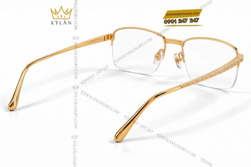 Mắt kính vàng Au750 đính kim cương baguette họa tiết dây bện hình thoi