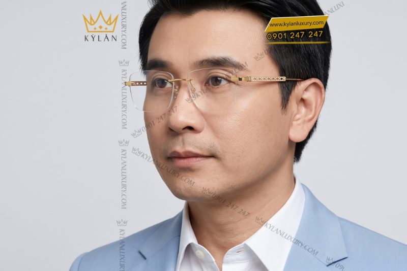 Mắt kính vàng Au750 họa tiết chéo đính kim cương