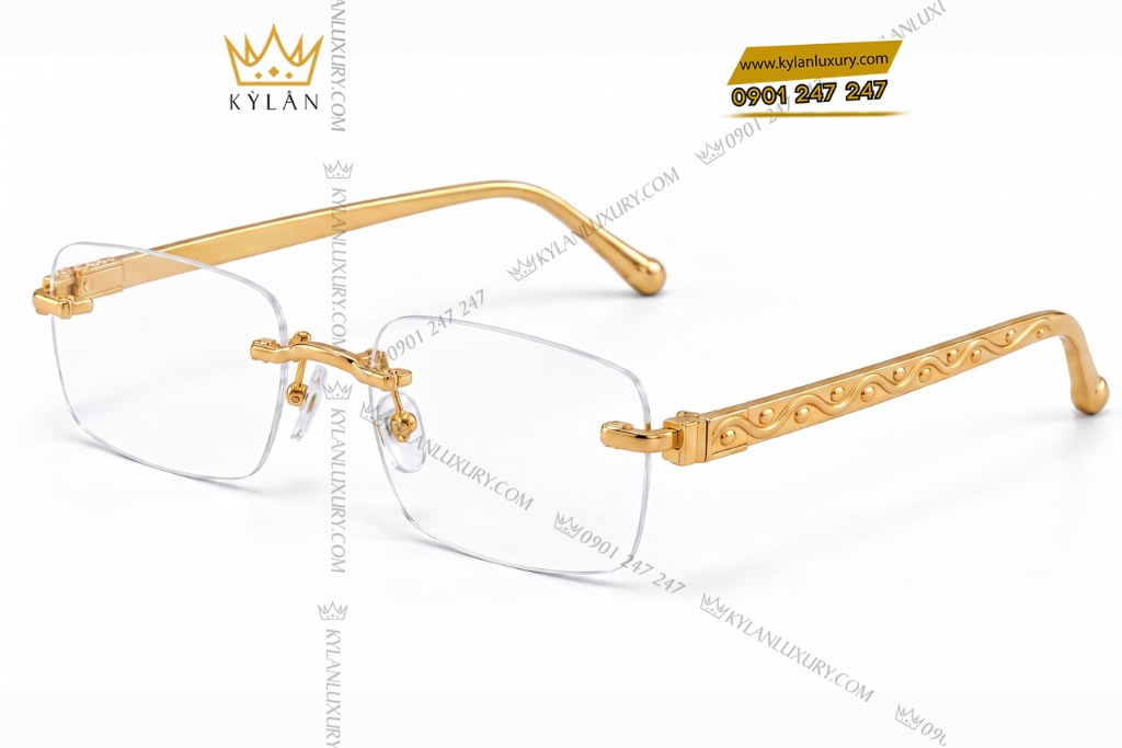 Kỳ Lân Luxury Mat kinh vang Au750 khong vien hoa tiet day luon song 4 Mắt kính vàng Au750 không viền họa tiết dây lượn sóng