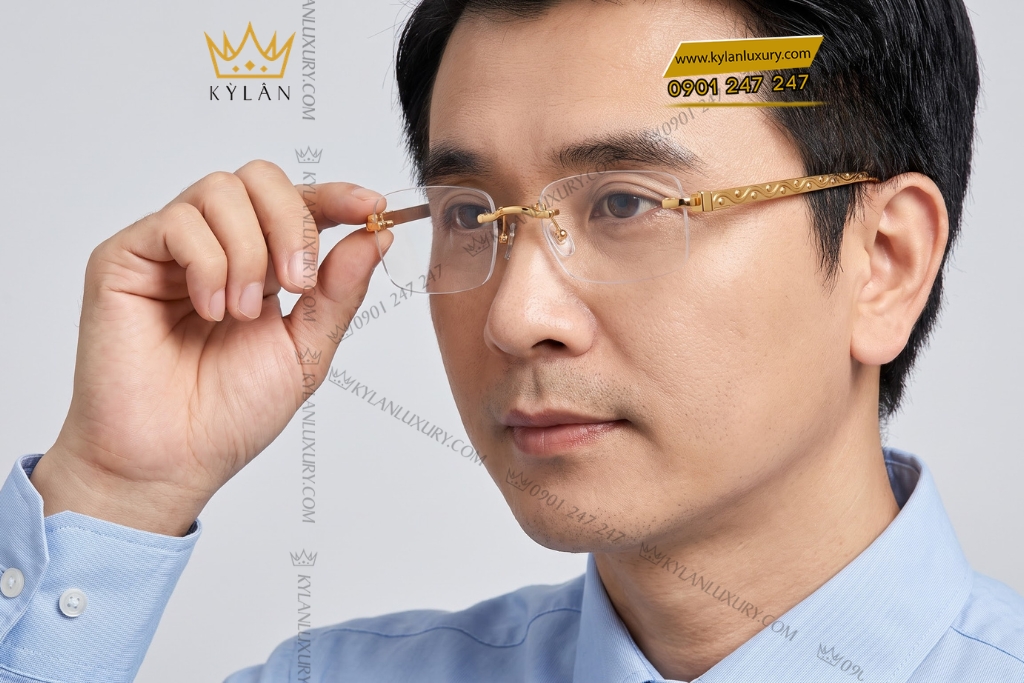 Mắt kính vàng Au750 không viền họa tiết dây lượn sóng