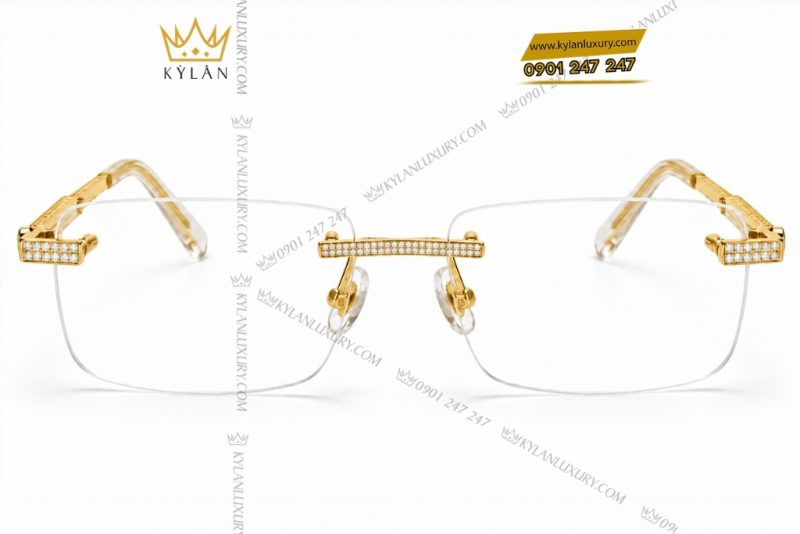 Mắt kính vàng Au750 nửa viền đính kim cương