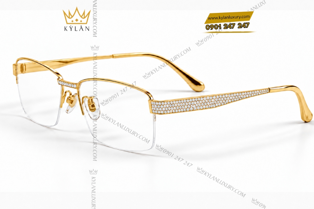 Kỳ Lân Luxury Mat kinh vang Au750 nua vien dinh kim cuong 3 Mắt kính vàng Au750 nửa viền đính kim cương