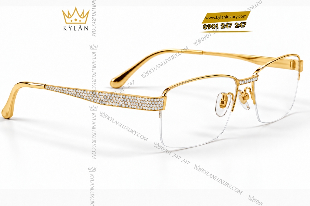 Kỳ Lân Luxury Mat kinh vang Au750 nua vien dinh kim cuong 5 Mắt kính vàng Au750 nửa viền đính kim cương