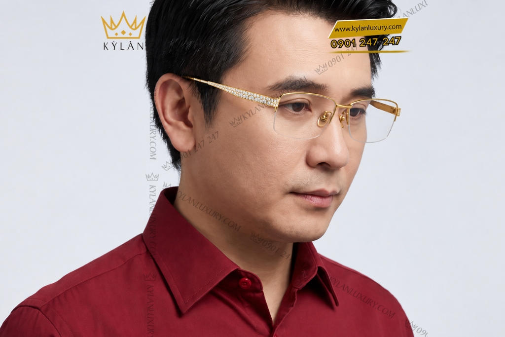 Mắt kính vàng Au750 nửa viền đính kim cương