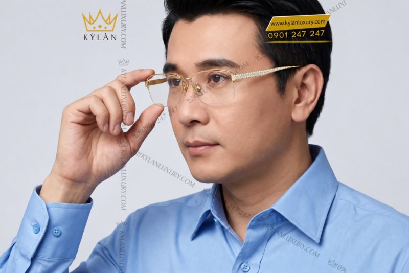 Mắt kính vàng Au750 nửa viền đính kim cương