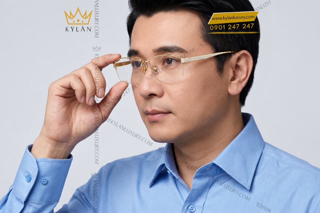Mắt kính vàng Au750 nửa viền đính kim cương