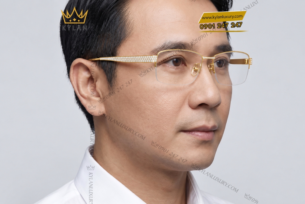 Kỳ Lân Luxury Mat kinh vang Au750 nua vien dinh kim cuong 9 Mắt kính vàng Au750 nửa viền đính kim cương