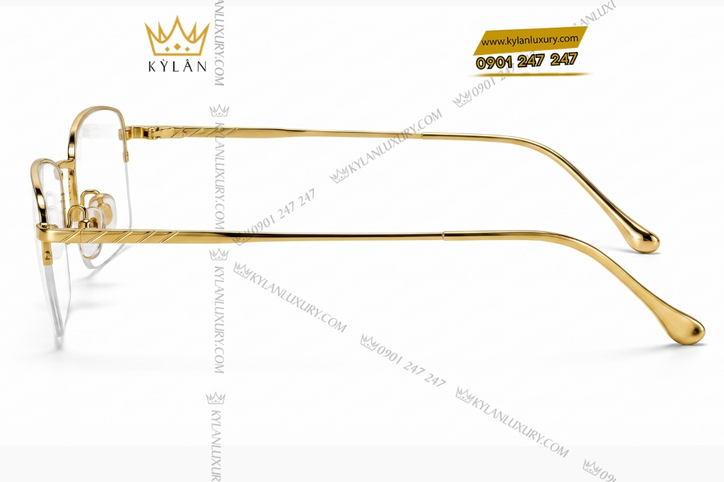 Mắt kính vàng Au750 nửa viền họa tiết rãnh chéo