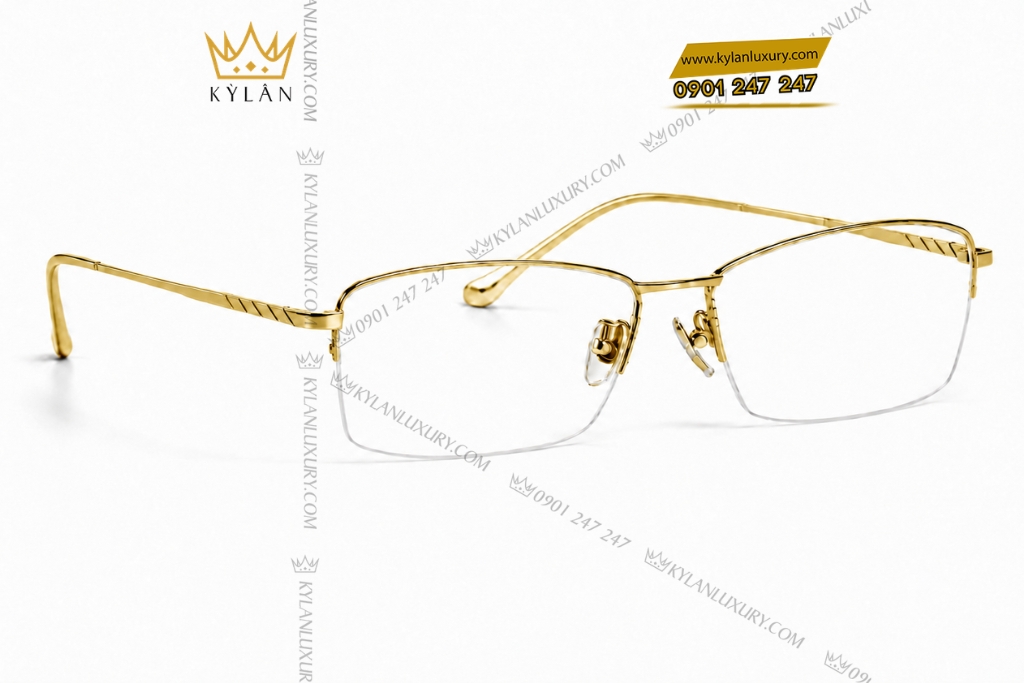 Kỳ Lân Luxury Mat kinh vang Au750 nua vien hoa tiet ranh cheo 4 Mắt kính vàng Au750 nửa viền họa tiết rãnh chéo