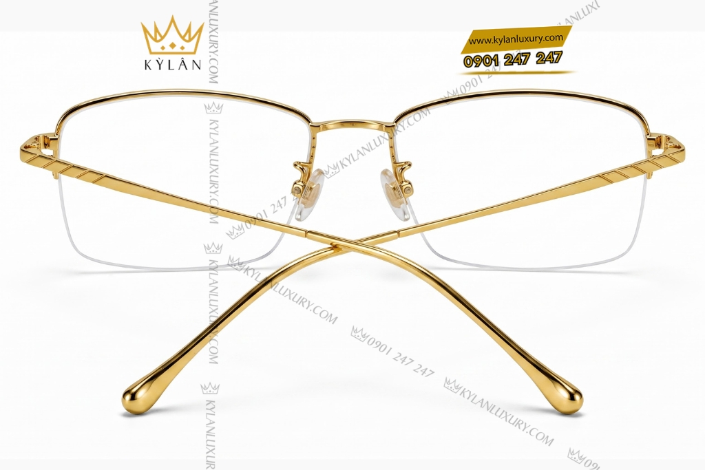 Mắt kính vàng Au750 nửa viền họa tiết rãnh chéo