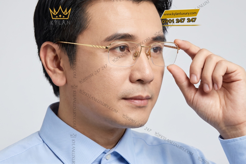 Mắt kính vàng Au750 nửa viền họa tiết rãnh chéo