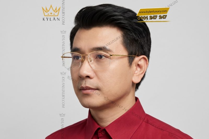 Mắt kính vàng Au750 nửa viền họa tiết rãnh chéo