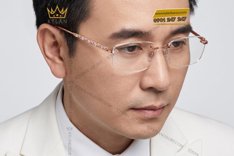 Mắt kính vàng hồng Au750 đính kim cương họa tiết đan chéo