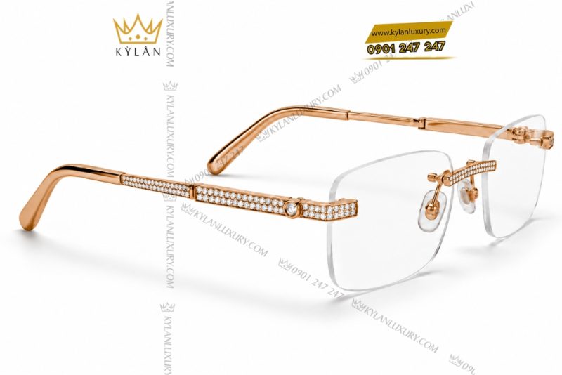 Mắt kính vàng hồng Au750 không viền đính kim cương