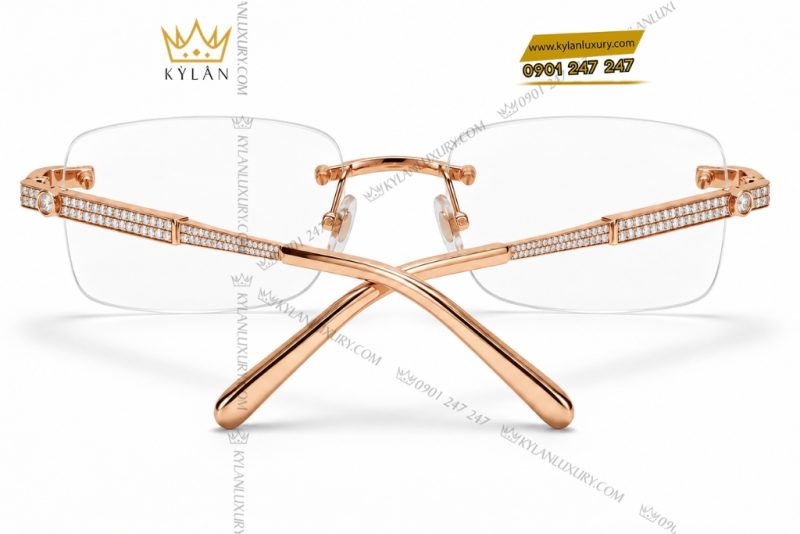 Mắt kính vàng hồng Au750 không viền đính kim cương