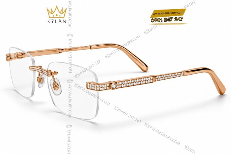 Mắt kính vàng hồng Au750 không viền đính kim cương