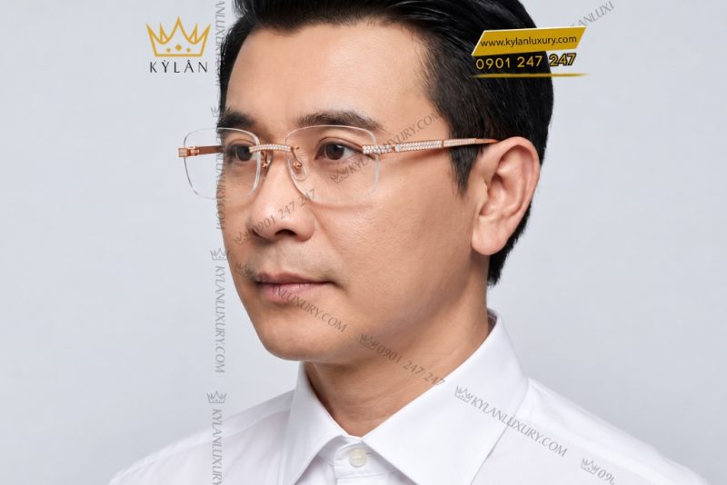 Mắt kính vàng hồng Au750 không viền đính kim cương