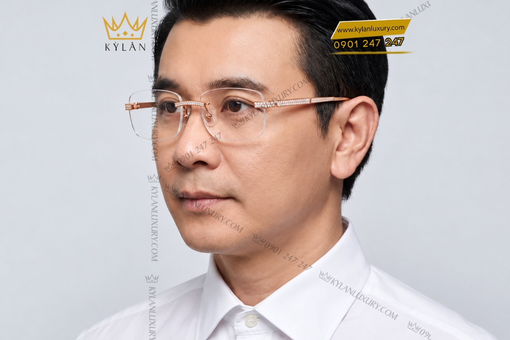 Mắt kính vàng hồng Au750 không viền đính kim cương