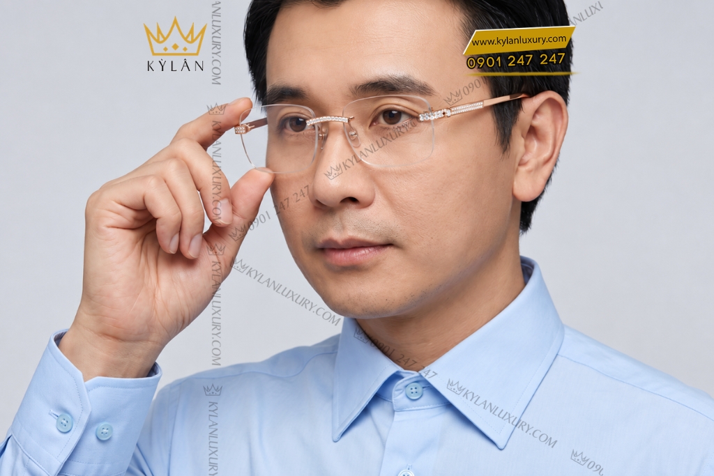 Mắt kính vàng hồng Au750 không viền đính kim cương