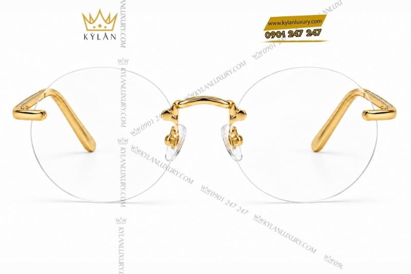 Mắt kính vàng hồng Au750 không viền tròng tròn đính kim cương