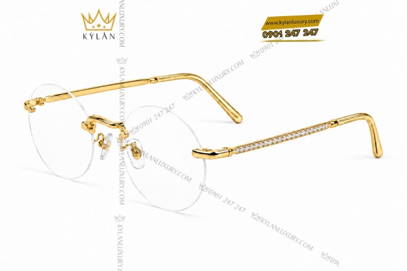 Mắt kính vàng hồng Au750 không viền tròng tròn đính kim cương