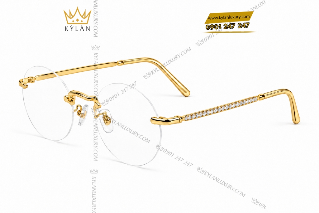 Kỳ Lân Luxury Mat kinh vang hong Au750 khong vien trong tron dinh kim cuong 2 Mắt kính vàng hồng Au750 không viền tròng tròn đính kim cương